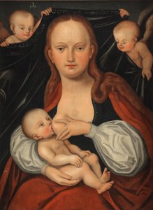 Madonna og barnet foran et forhæng, der holdes af to engle af workshop of Lucas Cranach the Elder