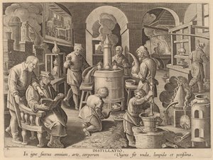 Destillation (destillation) af Workshop of Philip Galle after Jan van der Straet