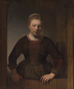 Ung kvinde ved en åben halvdør af Workshop of Rembrandt van Rijn