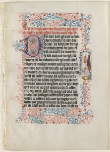 Blad udskåret fra en timebog: Engel med en banderole inden for en blomstret grænse..., ca. 1475. af Workshop of the Convent of St.