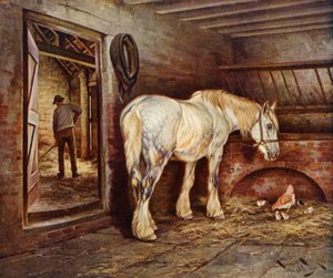 Slut på dagen - bondehesten vender hjem (farve litho) af Wright Barker