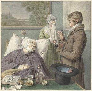 Lægen besøger en syg gammel kvinde i sengen af Wybrand Hendriks (attributed to)