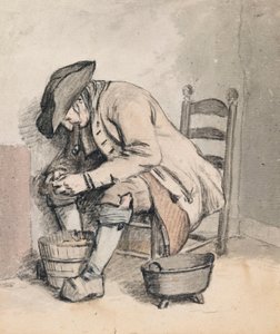 En siddende mand, der læner sig frem over en spand; tre kvinder (i skygge) på bagsiden