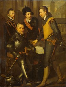 Gruppeportræt af de fire brødre af William I, Prins af Orange: Jan (1535-1606), Hendrik (1550-74), Adolf (1540-68) og Lodewijk (1538-74), grever af Nassau af Wybrand de Geest (I) (workshop of)