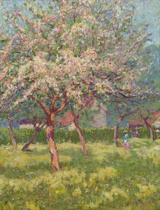 En frugthave i blomst (olie på lærred)