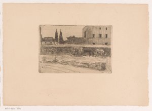 Landskab med bygninger og en figur i arbejde af Xavier Mellery (attributed to)