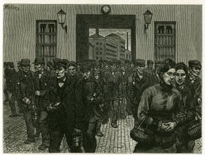 En fabriksudgang i Gent. Gravering af X. Mellery, efter naturen, for at illustrere historien "" Belgien"", i 1888, af Camille Lemonnier (1844-1913), kunstkritiker og forfatter. Udgivet i Tour du monde, 2. semester 1883, redigeret af Edouard Charton (1807-1 af Xavier Mellery