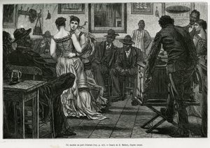 En musico i havnen i Antwerpen, hvor sømænd kan drikke og danse til lyden af det stikkende orgel. Gravering af X.Mellery, for at illustrere historien om Belgien, af Camille Lemonnier, udgivet i Tour du monde, redigeret af Edouard Charton (1807-1890) af Xavier Mellery