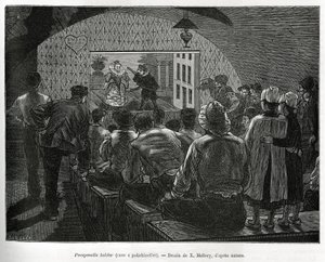 Cellar a Polichinelles, en kælder designet til dukketeater. Gravering af X.Mellery, for at illustrere historien om Belgien, af Camille Lemonnier, udgivet i Tour du monde, redigeret af Edouard Charton (1807-1890) af Xavier Mellery