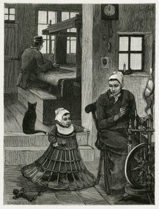 Interiør af bolig og væverværksted, med væveren og hjulet, samt et barn iført fletskørt, der hjælper ham med at tage sine første skridt. Gravering af X.Mellery, for at illustrere historien ""La Belgique"", af Camille Lemonnier (1844-19)