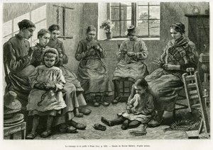 Fletningen af halm har Sluze. Gravering af Xavier Mellery til illustration af historien La Belgique, af Camille Lemonnier, i le tour du monde 1886, instrueret af Edouard Charton (1807-1890), Hachette, Paris.