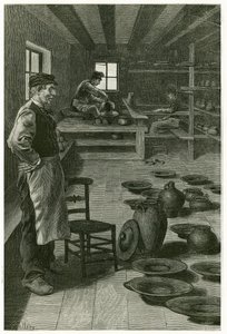 Keramikeren fra Terneuzen, i sit værksted, tilstoppet med vaser og fade, nær vinduet, keramikeren arbejder med leret på seletøjet, og hans lærling nedenunder arbejder omdrejningen. Gravering af X.Mellery, efter naturen, for at illustrere historien "" Belgi af Xavier Mellery