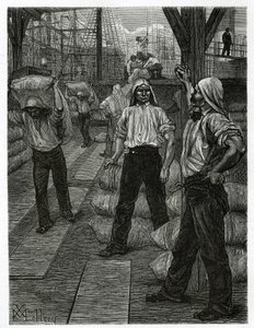 Losningen af et skib, havnearbejderne med hovedet dækket af en asfalteret hætte, hober varerne op på havnen i Antwerpen. Gravering af X.Mellery, for at illustrere historien om Belgien, af Camille Lemonnier, udgivet i Tour du monde, redigeret