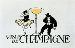 Reklamevignet for champagnevine, der repræsenterer et par, der danser omkring en kop, 20. århundrede (plakat) af Xavier Nogues