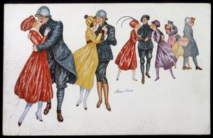 Militær og deres forlovede, Marainnes eller venner - Illustration af Xavier Sager (1870-1930) Postcard, v.1915 af Xavier Sager