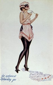 Modelkorset omkring 1830 og dør - strømpebånd. Af Xavier Sager (1870-1930) I "" Korsettet i kunst og moral fra den 18. til den 19. "" af F. Libron og H. Clouzot