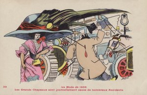 Postkort, der satirerer farerne ved store hatte og tilhørende hattenåle - mode fra 1909 af Xavier Sager