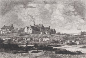 Landskab med en flod der løber til højre og huse i baggrunden, 1845-75. af Xavier de Dananche