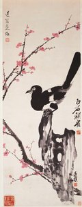 Plum Blossoms and Magpie (blæk og farve på papir) af Xiao Sun (1883-1944) Zhou Shaoxiang (1880-1954) Qi Baishi