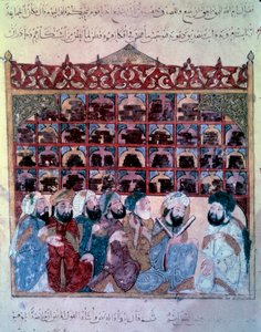 The Wandering Navigator Abu Zayd (Abu Zayd, Abu Zayd) holder en tale i Basra Miniature Library fra Maqamat (Seances) af Abu Mohammed al-Kasim ibn Ali Hariri (eller Al-Hariri eller Al Hariri) (1054-1122) oplyst af Yahya Mahmud al-Wasiti (al Wasit af Yahya ibn Mahmud Al Wasiti