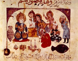 Abou-Zayd på Hanah-værtshuset, miniature fra "Maqamat" (Sayings), ms. 3929, fol. 34v af Yahya ibn Mahmud Al Wasiti