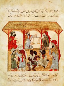Ms. Ar 5847 f.105, A Slave Market, fra "Al Maqamat" af Yahya ibn Mahmud Al Wasiti