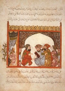 Ms Ar 5847 f.16, Kancelli Maragha: guvernøren har foreslået Abu Zayd at træde i hans tjeneste, fra Al Maqamat af Al Hariri, ca. 1240 (gouache på vellum) af Yahya ibn Mahmud Al Wasiti