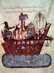 den borgerlige al-Harith (Al Harith), søn af Hammam, og den vandrende navigatør Abu-Zayd (Abu Zayd) på en miniaturebåd fra "Maqamat" (seancer) af Abu Mohammed al-Kasim ibn Ali Hariri (eller Al-Hariri eller Al Hariri) (1054-1122), udsmykket af Yahya Mahmud  af Yahya ibn Mahmud Al Wasiti