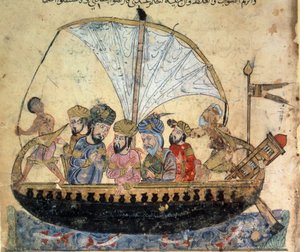 den borgerlige al-Harith (Al Harith), søn af Hammam, og den omvandrende navigatør Abu-Zayd (Abu Zayd) på en båd, der sejler på Eufrat-miniaturen fra "Maqamat" (Seancer) af Abu Mohammed al-Kasim ibn Ali Hariri (eller Al-Hariri eller Al Hariri) (1054-1122) a