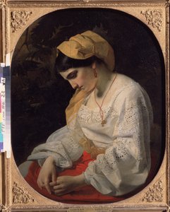 En ung brud (A Bride). Profilportræt af en trist ung kvinde med et opgivende udtryk. Maleri af Yakov Fyodorovich Kapkov (1816-1854), olie på lærred af Yakov Fyodorovich Kapkov
