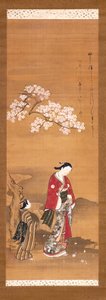 Dame og ledsager under kirsebærtræ af Yamazaki Ryujo