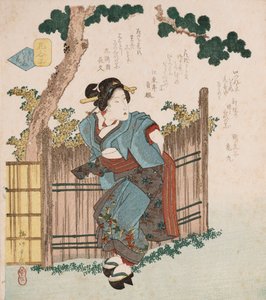 Mono iwanu hana "Stille blomster", eftersom mono iu hana, talende blomster, er et almindeligt poetisk udtryk for smukke kvinder, refererer tavse blomster til faktiske blomster i deres naturlige tilstand, der illustrerer en kvinde, der binder sit skærv bag  af Yanagawa II Shigenobu