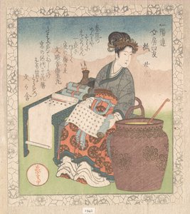 Nuji (japansk: Joki; kvindelig ledsager, der samlede skrifter af daoistiske vismænd); „Papir“ (Kami), fra Fire venner ved skrivebordet for Ichiyō-digterkredsen (Ichiyō-ren Bunbō shiyū) Fra Forårnsregnsamlingen (Harusame shū), bd. 1 af Yashima Gakutei