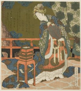 To kinesiske kvinder undersøger tråd og et edderkoppesvæv i en æske, fra serien "Diptych for the Drum Group" af Yashima Gakutei