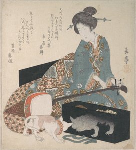 Kvinde, der stemmer en shamisen, og en kat, der ser på sit eget spejlbillede af Yashima Gakutei