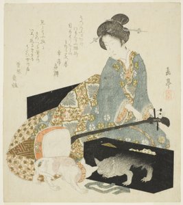 Kvinde med Shamisen og kat af Yashima Gakutei