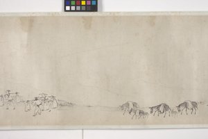 Et hundrede æsler, der transporterer korn, håndrulle, ca. 1700 (blæk på papir) af Ye Yin