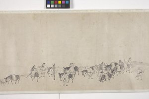 Et hundrede æsler, der transporterer korn, håndrulle, ca. 1700 (blæk på papir) af Ye Yin