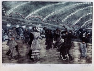Tango a Luna Park (Tango Dance at Luna Park). Par dansere på et bredt gulv, oplyst fra loftet af guirlander af lys. Kunstværk af Yelisaveta (Elisabeth) Sergeyevna Kruglikova (Elizaveta Sergeevna Krouglikova) (1865-1941), gravering (