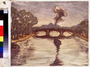 En båd på Seinen. (En båd på Seinen). Peinture de Yelisaveta (Elisabeth) Sergeyevna Kruglikova (Elizaveta Sergeevna Krouglikova) (1865-1941), estampe (monotype)