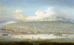 Udsigt over Canton med Shamian Island i 1865, ca. 1880 (olie på panel) af Yichang Yichang