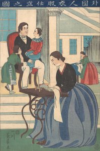 Udenlandsk familie med kone, der laver tøj, 1860. af Yoshikazu