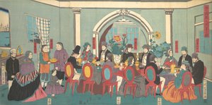 Udlændinge fra de fem nationer nyder en banket, 3. måned, 1861. af Yoshikazu
