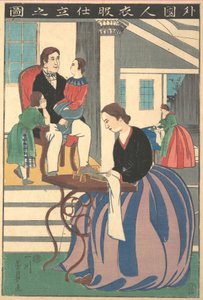 Billede af en udlænding, der laver tøj, 1860.