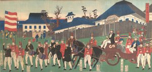 Billede af en procession af udlændinge ved Yokohama, 2. måned, 1861.