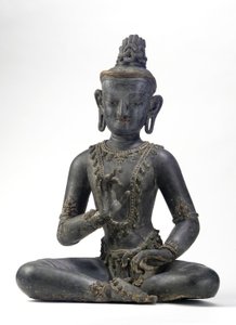 Bodhisattva i nepalesisk-kinesisk stil (lak, klud, spor af blå, guld og grøn maling og bladguld) af Yuan Dynasty Chinese School