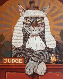 Cat judge, 2023 (blandede medier på træplade) af Yue Zeng