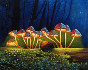 Nightlight glowing mushrooms, 2023 (olie på lærred) af Yue Zeng