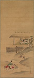 Minamoto no Nakakuni besøger Lady Kogo, Triptykon med hængende ruller, slutningen af 1600-tallet (blæk og farve på silke)