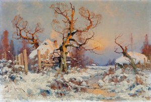 Vinterlandskab i aftensolen. Maleri af Juli Julievich (Julius) von Klever (1850-1924), olie på lærred, slutningen af ​​det 19.-begyndelsen af ​​det 20. århundrede. Russisk kunst, realisme. Privat samling. af Yuly Klever